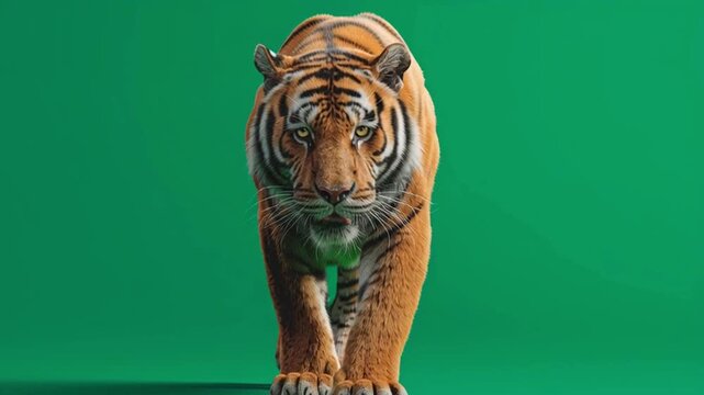 Front view of a tiger walking towards the camera on a plain green background in studio shot green screen animal video