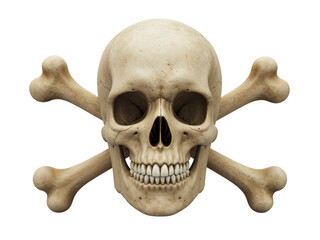 Realistic human skull with crossed femurs symbol of danger death and piracy isolated on transparent background