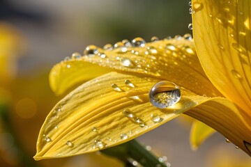 Super close up of bright pink yellow petals with shimmering water droplets on a blurred background. design illustration