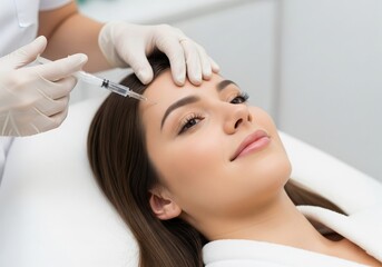 Naklejka premium Cosmetic Botox Injection on Forehead at Aesthetic Clinic