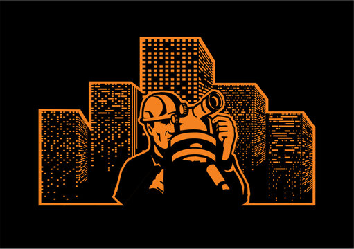 Architectural Precision: Silhouette of an architect, engrossed in his work, focusing his surveying equipment, stands prominently before a cityscape skyline. A symbol of expertise, precision.