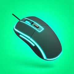 3D computer mouse with neon blue lights floating