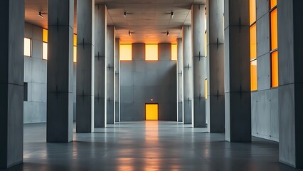 Modern concrete hall with striking columns and glowing windows, illuminated by natural ambient light.