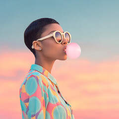 girl with retro sunglasses blowing bubble gum