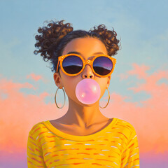 girl with retro sunglasses blowing bubble gum