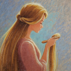 woman brushing long hair, pastel background