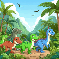 Naklejka premium Four small, friendly-looking dinosaurs of various colors are shown strolling along a jungle path, amidst lush green vegetation, palm trees, and mountains in a bright, sunny setting.