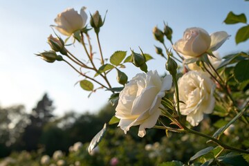 A close up shot of a white rose flower and stem with a softly blurred background or bokeh effect. design illustration