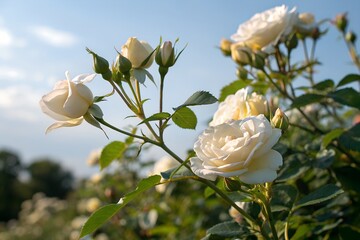 A close up shot of a white rose flower and stem with a softly blurred background or bokeh effect. design illustration