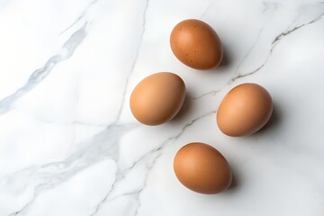 Four brown eggs are illuminated by natural light against a white marble background. design illustration