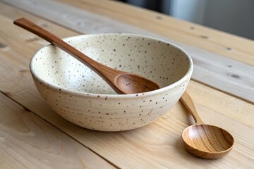 Wooden Spoon and White Speckled beige Ceramic Bowl on a Wooden Table. design illustration