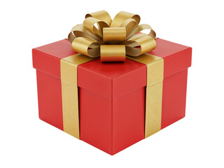 Obraz premium A bright red gift box with a golden ribbon and bow tied on top isolated on transparent background
