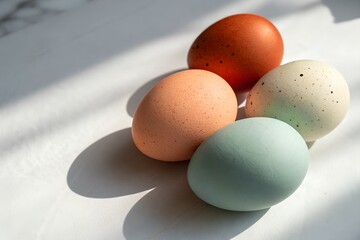 Beautiful pastel, cream, brown and red colored eggs photographed at close range in natural light, design illustration