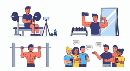 Gym training scenes with people using their phones bodybuilding