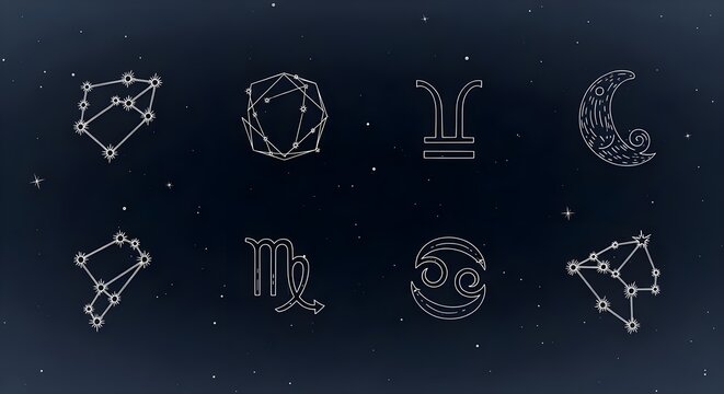 Elegant Starry Illustrations of Various Astronomical and Zodiacal Symbols