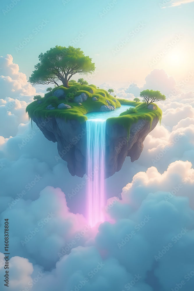 Poster a floating island with a waterfall cascading into fluffy clouds, bathed in sunlight.