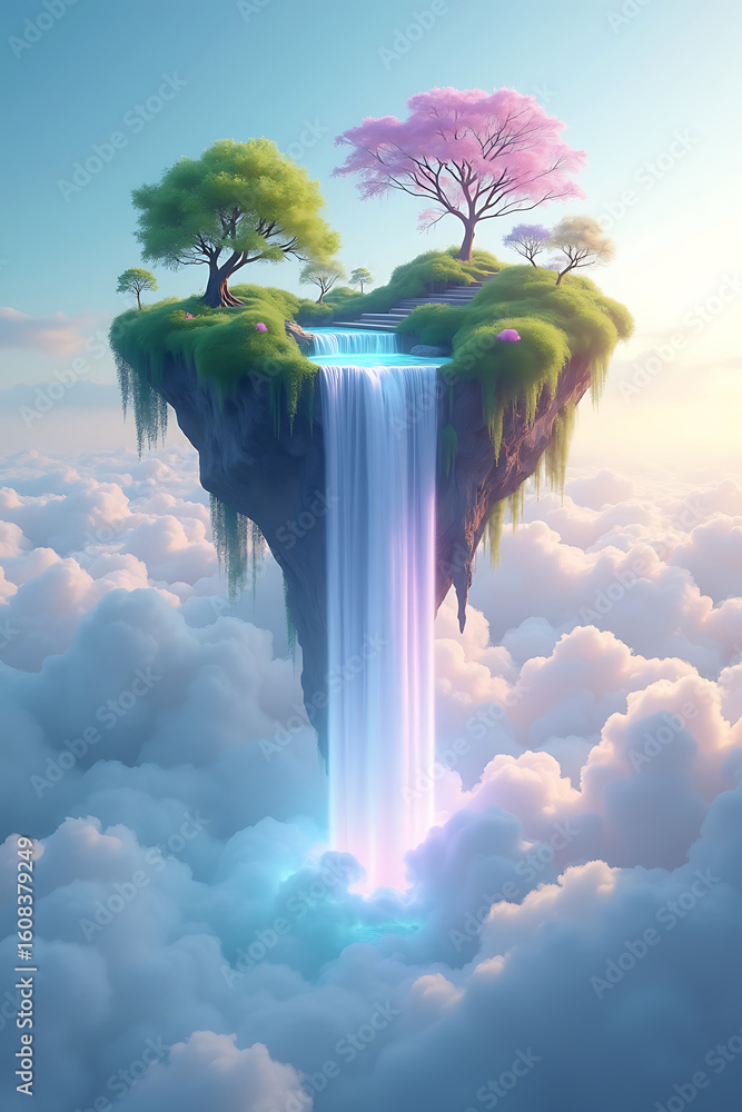 Aufkleber a floating island with a waterfall cascading through clouds, topped with trees and lush greenery.