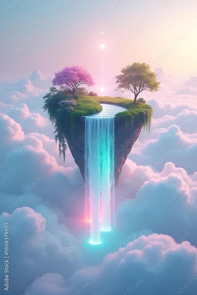Aufkleber a floating island with trees and a waterfall descends through clouds, illuminated by soft, ethereal 