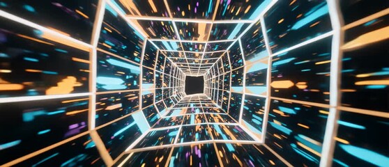 Abstract Digital Tunnel Viewpoint of Flowing Data Streams in a Futuristic Information Pathway Environment with Neon Grid Lines and Rapid Movement for Data Processing and Network Connectivity - Powered by Adobe