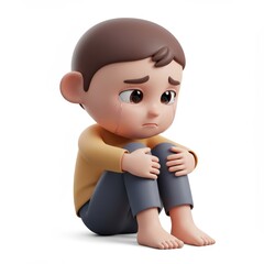 Sad Cartoon Boy Sitting Alone Crying 3D Render