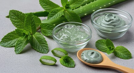 Obraz premium Holistic Skincare Natural Ingredients, Aloe Vera, Mint, Green Clay Mask