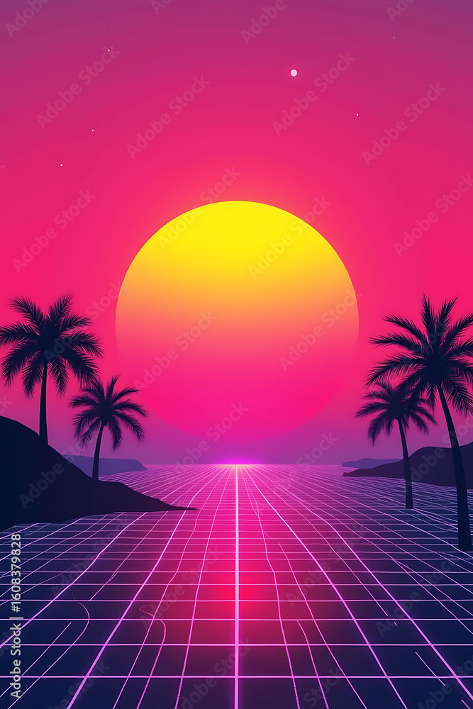 Poster retro-style sunset with palm trees and a grid pattern over the ocean, evoking a nostalgic, futuristi