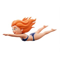 Cartoon girl with red hair in blue swimsuit swimming underwater with a smile