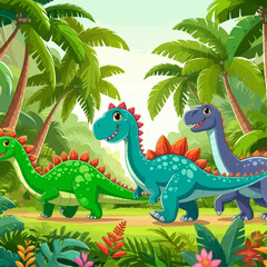 Three cartoon dinosaurs, painted in bright colors, move along a trail in a lush tropical landscape.