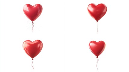 Four glossy, heart-shaped red balloons against a bright white background, variations in angle and slight detail