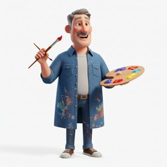 Cartoon Artist with Paintbrush and Palette Smiling and Ready to Create
