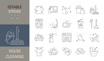 House Cleaning icon set. Editable stroke. Vector illustration.