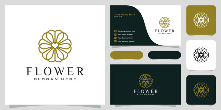 Flower mono line luxury logo with business card design