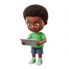 Cartoon Boy with Tablet Smiling Focused and Engrossed in Digital Content