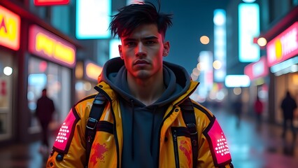 portrait of a young man in the city wearing cyberpunk neon color techwear jacket. The background is a softly blurred city scene with glowing lights, digital billboards, and a rainy reflection.