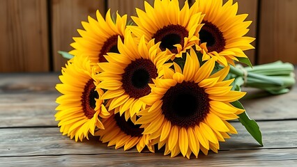 Sunflower bouquet on a rustic wooden surface, glowing with warm golden tones.