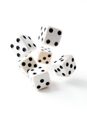 five falling game dice isolated on white background.