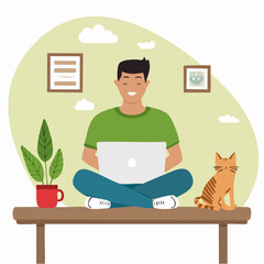 A smiling man works remotely on a laptop, sitting cross-legged on a bench with his ginger cat nearby.
