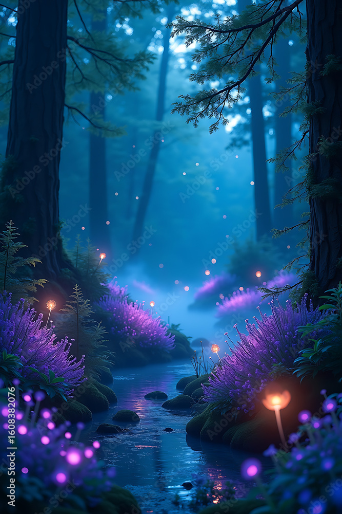 Poster enchanting forest scene with a flowing stream, illuminated by glowing lights.
