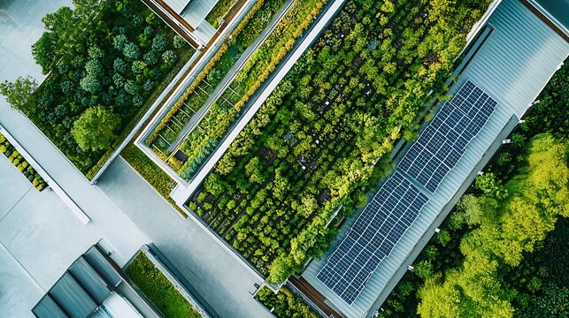 Aerial view of sustainable green rooftop with solar panels for eco friendly energy solution urban architecture environmental innovation renewable power efficiency concept.