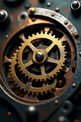 Close-up of intricate mechanical clockwork gears, showcasing detailed metal components.