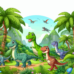 Naklejka premium Cartoon illustration of several small, friendly dinosaurs in a lush prehistoric jungle, with palm trees and flying reptiles.