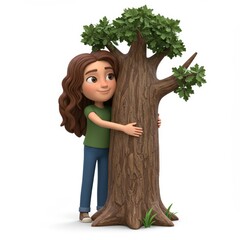 Cartoon Girl Hugging a Tree Showing Environmental Care
