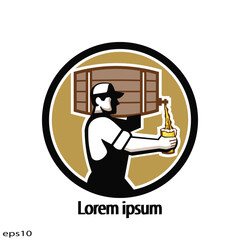Retro style illustration of a bartender pouring keg barrel of beer into mug
