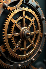 Obraz premium Close-up view of intricate gears, showcasing the complex interlinking of metal cogs and machinery.