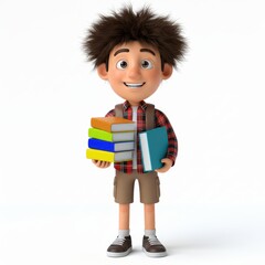 Cheerful Cartoon Boy Student Carrying Books