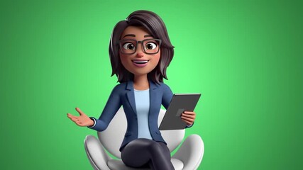 Smiling cartoon woman with glasses sitting on a chair holding a tablet and gesturing confidently in a green background. - Powered by Adobe