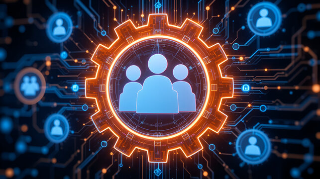 A glowing gear with people icons inside represents teamwork, collaboration, and functionality within a futuristic digital system on a dark technology-inspired background - Powered by Adobe