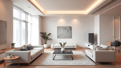 Fototapeta premium Contemporary living room with clean-lined furniture and neutral tones, soft ambient lighting.