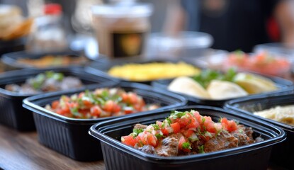 Obraz premium Prepared food containers with toppings on a wooden surface
