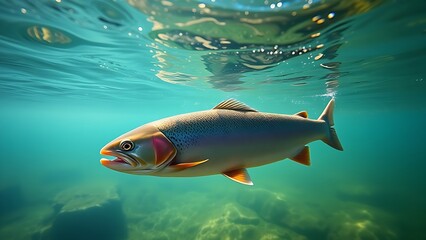 Naklejka premium Underwater view of trout swimming in clear stream, showcasing tranquil aquatic scenery.